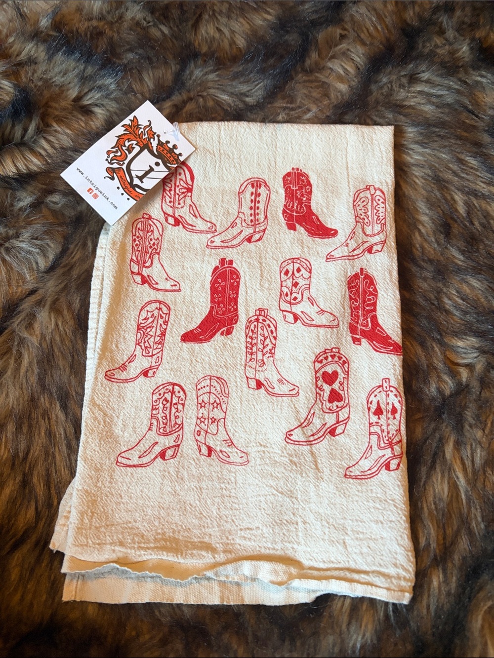 Intrigue Ink - Red Cowboy Boot Print Kitchen Tea Towel Western Style